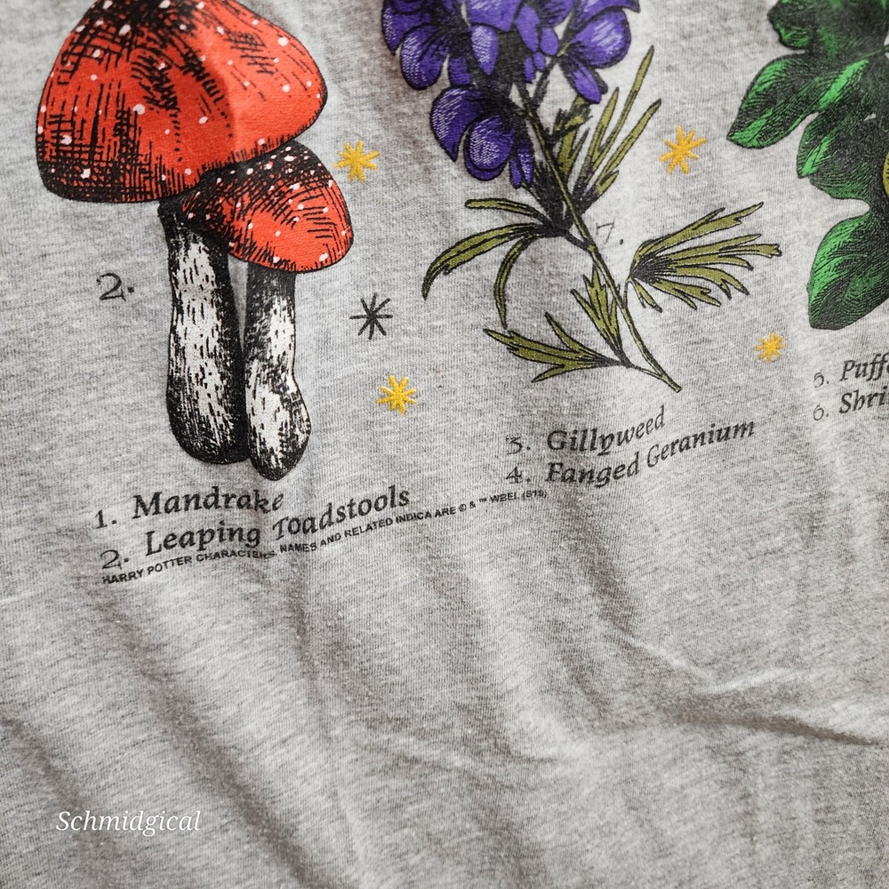 Harry Potter Herbology Hogwarts Graphic T-Shirt Gray Botanical Plants Large - Picture 2 of 4